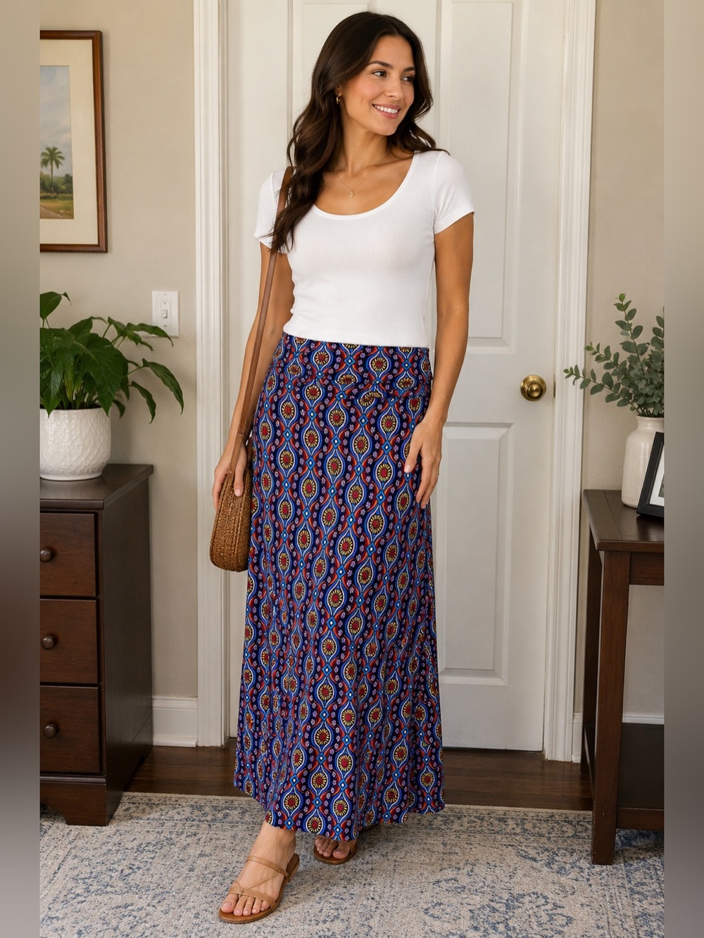LuLaRoe XL Fold Over Maxi Skirt Boho Geometric Print Blue Red Stretch